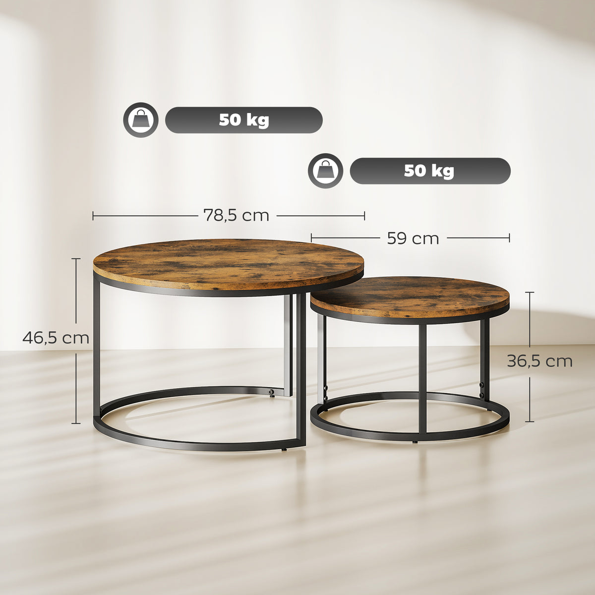 Lot de 2 tables basses gigognes empilable design industriel plateau imitation ciment pieds en métal brun rustique-2
