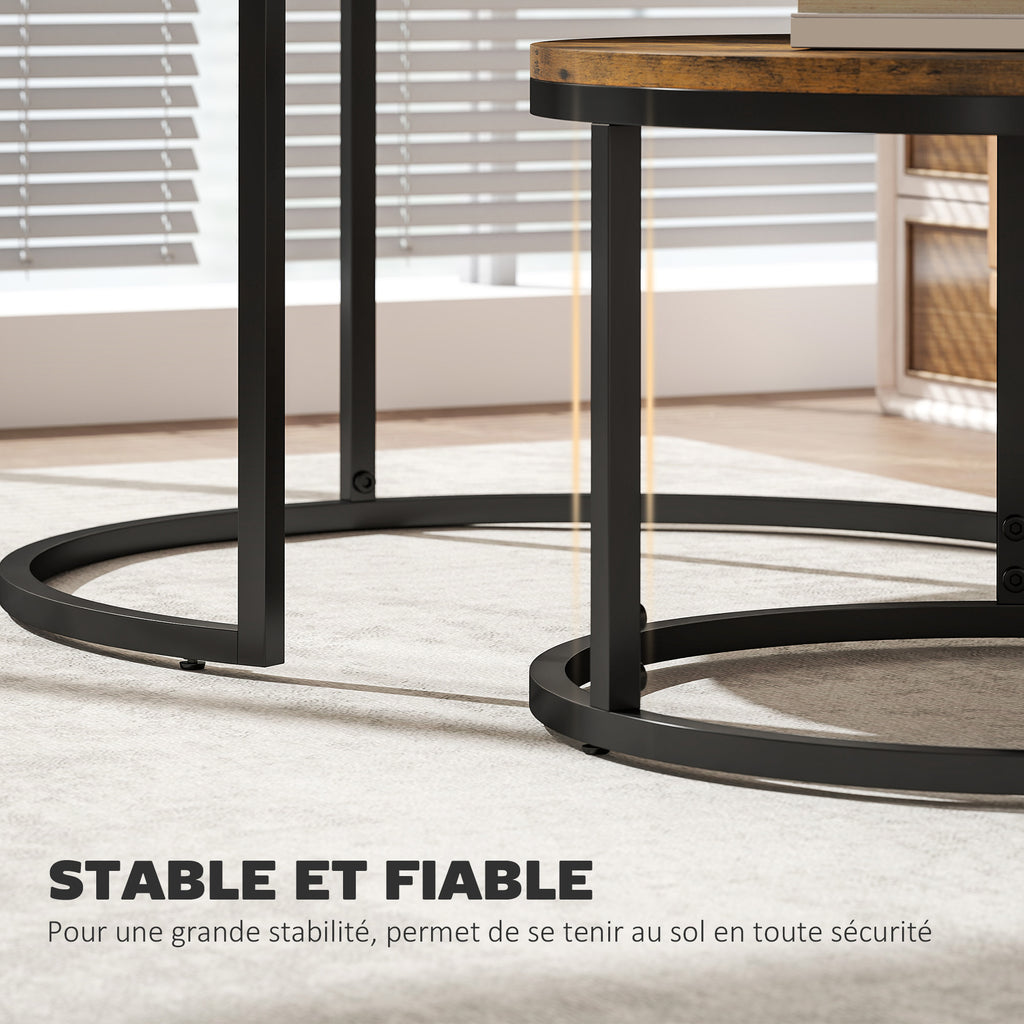 Lot de 2 tables basses gigognes empilable design industriel plateau imitation ciment pieds en métal brun rustique-5