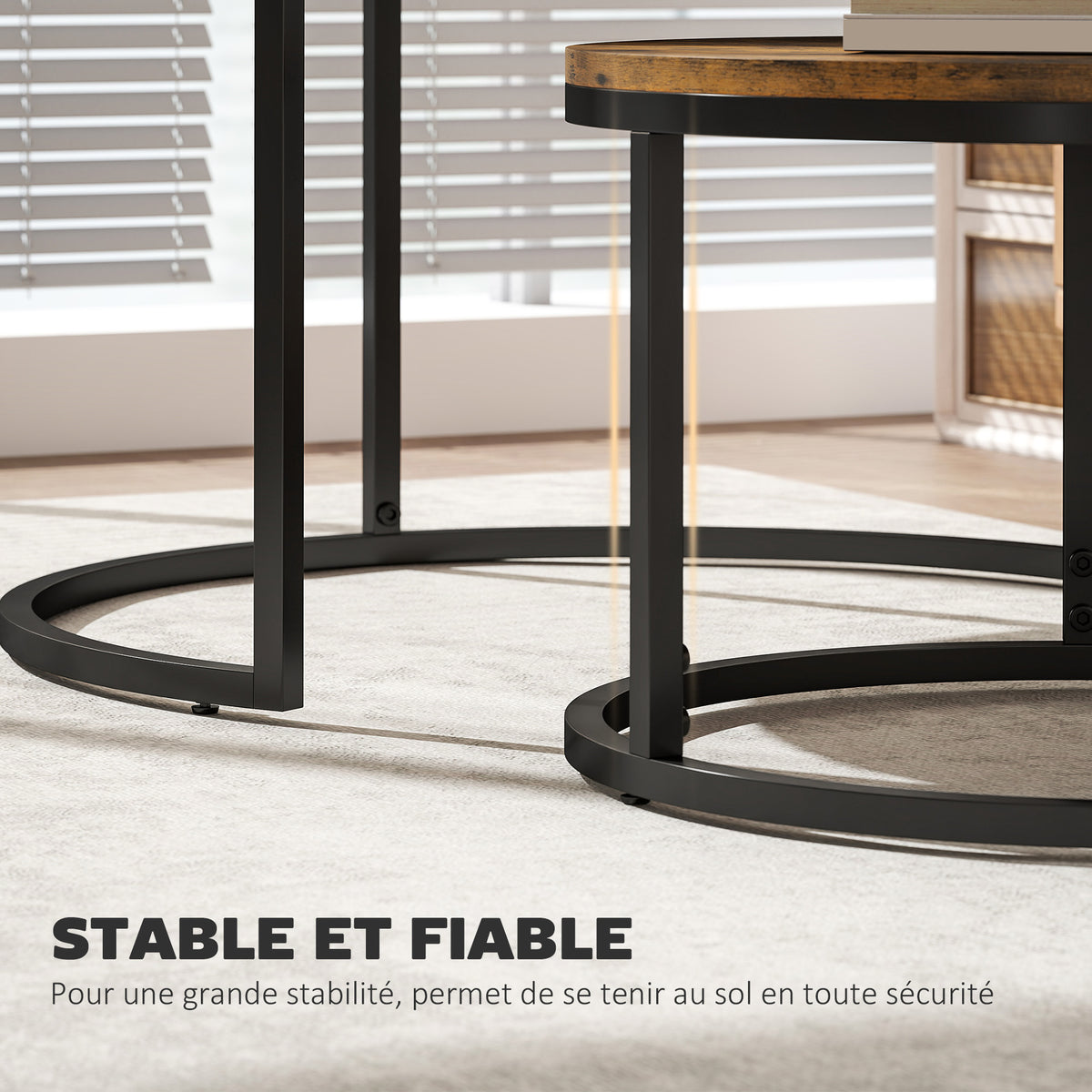 Lot de 2 tables basses gigognes empilable design industriel plateau imitation ciment pieds en métal brun rustique-5