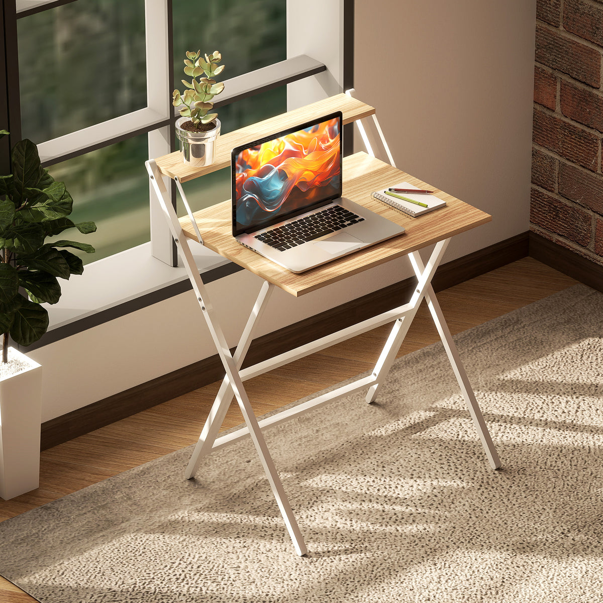 Bureau pliable 65,5 x 45 cm avec étagère de rangement pour chambre, petits espaces, bois naturel-7