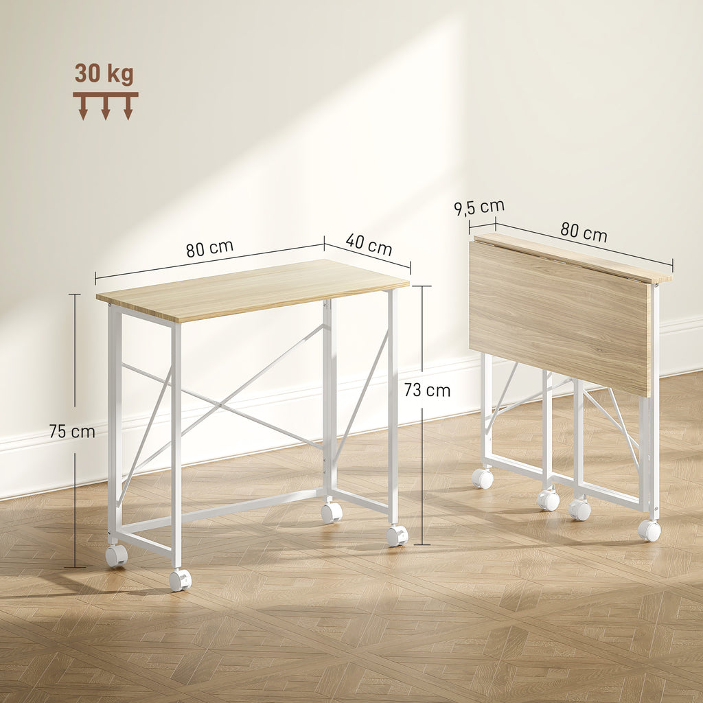 Bureau pliant table d'ordinateur 80 x 40 cm sur roulettes pour bureau à domicile, chambre, petits espaces, chêne-2