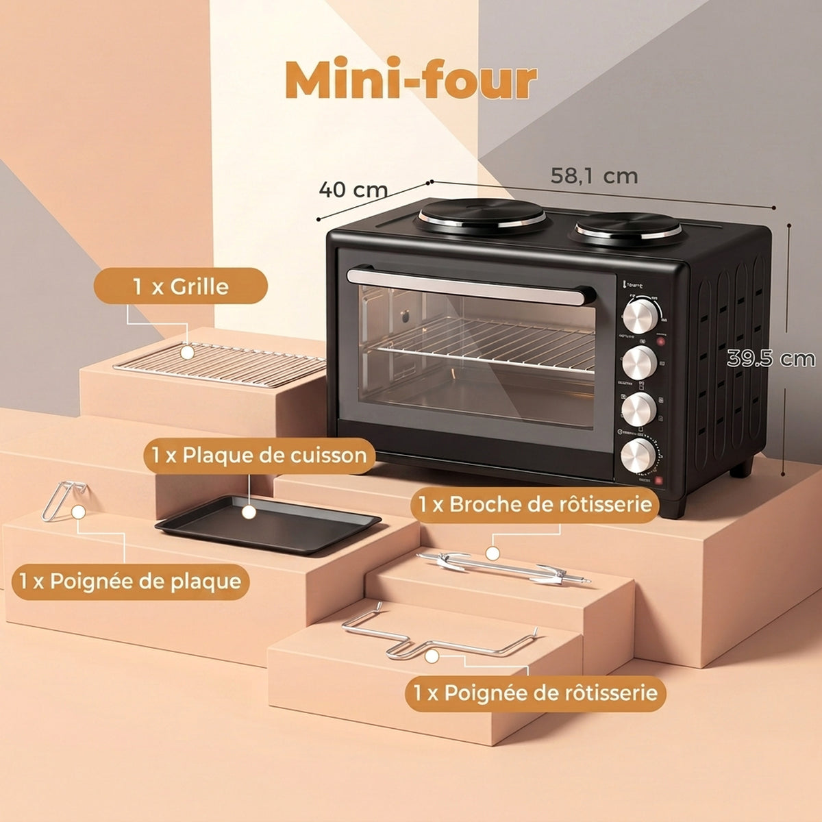 Mini-Four avec 2 Plaques de Cuisson et Broche Rotative 46L 2850 W, Four à Convection Multifonction, Minuterie, Noir-2