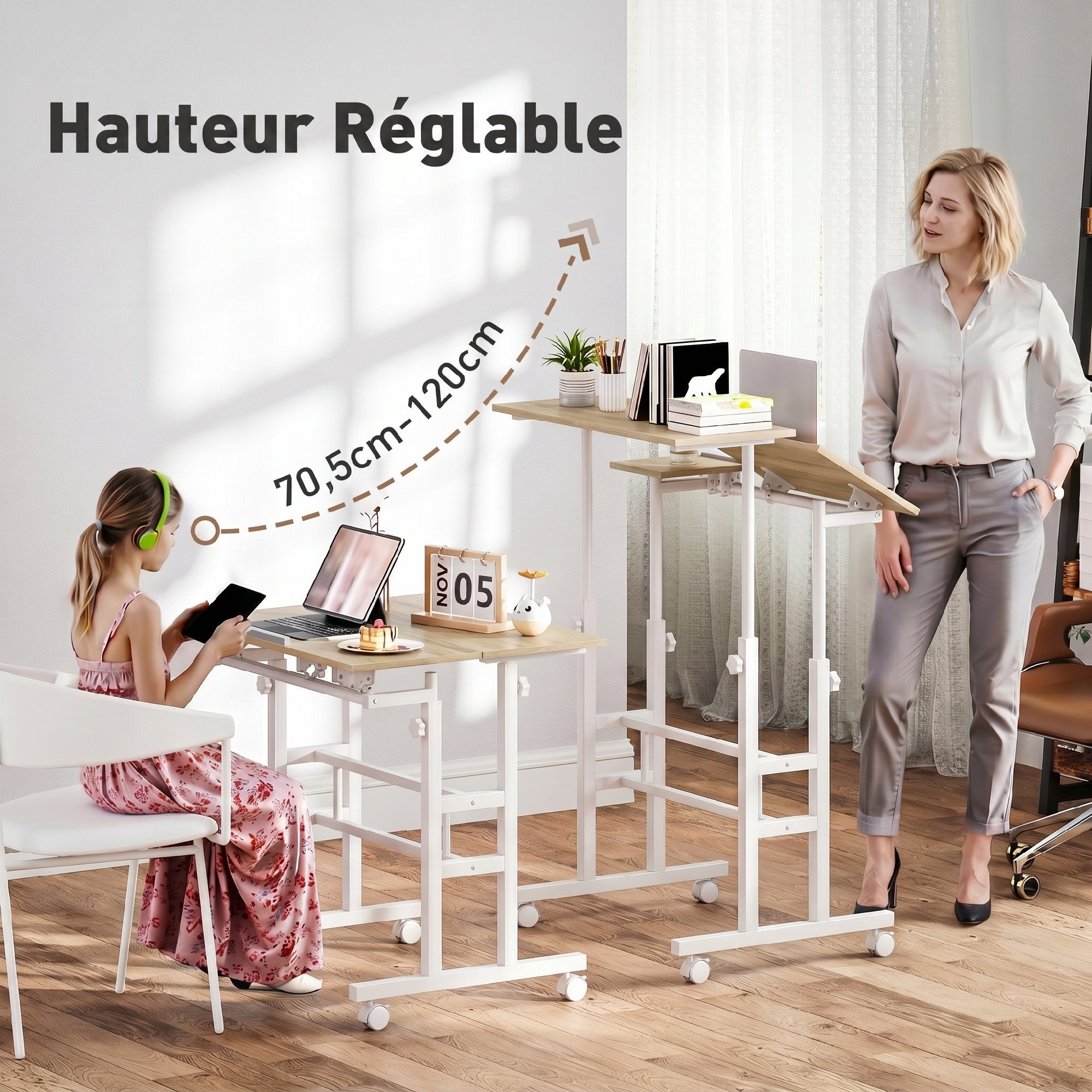 Bureau assis debout bureau réglable en hauteur 70 x 60 cm à roulettes avec plateau inclinable cadre en métal marron-3