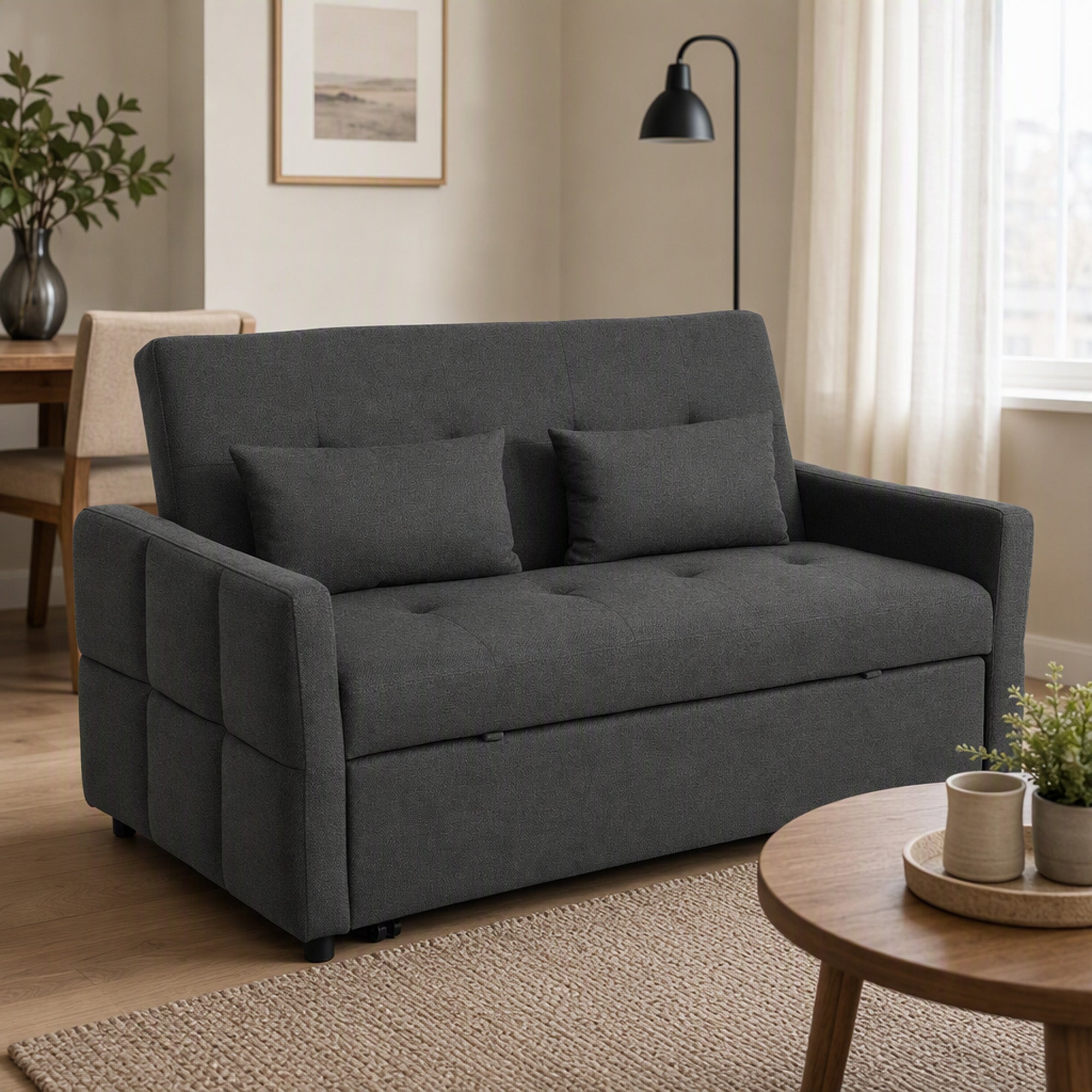 Canapé Convertible 2 Places 3 en 1, Canapé-Lit Clic Clac 160 cm, Dossier Réglable, Assise Large, 2 Oreillers, Gris Foncé-1
