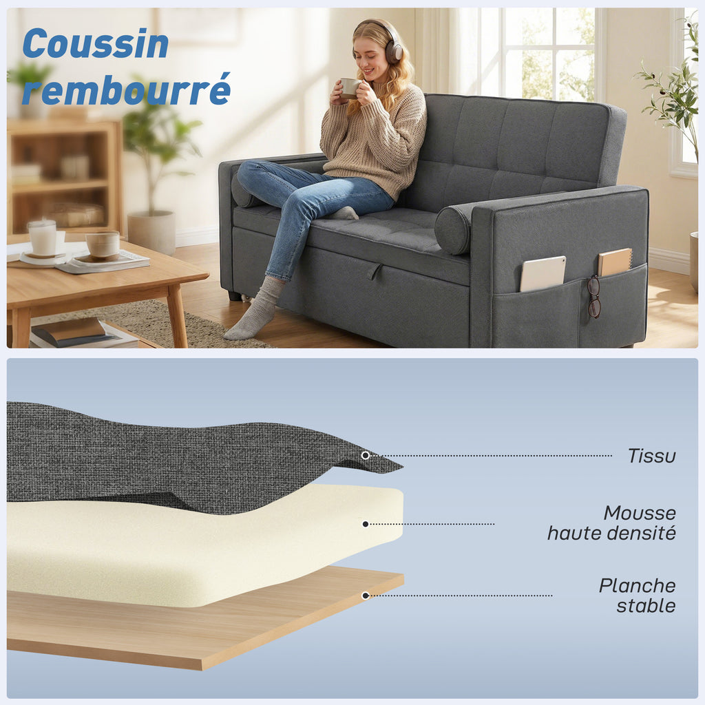 Canapé convertible 2 places 3 en 1 canapé-lit avec lit gigogne double dossier réglable 2 coussins 80,5x137,5x84cm gris-5