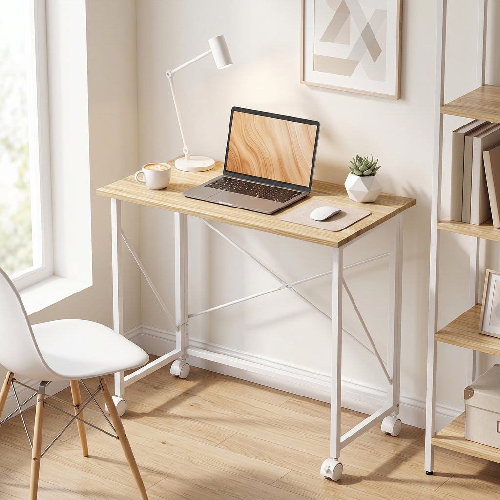 Bureau pliant table d'ordinateur 80 x 40 cm sur roulettes pour bureau à domicile, chambre, petits espaces, chêne-1