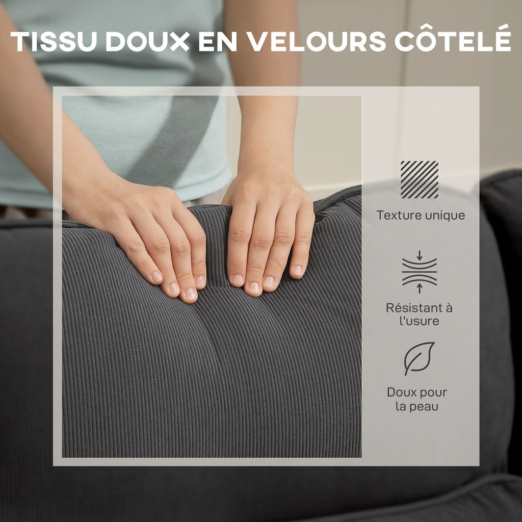 Canapé d'angle convertible en velours côtelé, canapé-lit 3 places avec rangement caché, coussins, 205x135x76cm, gris-7