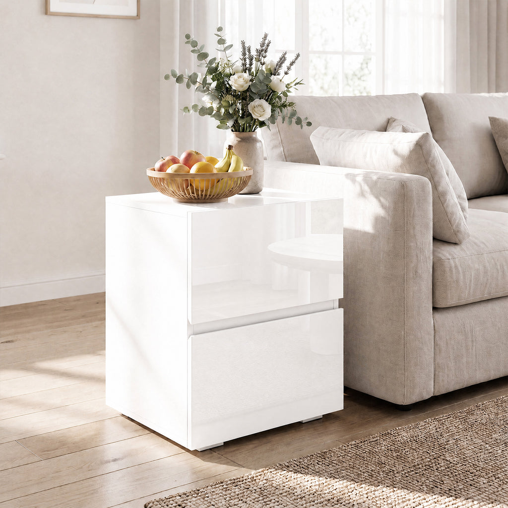 Lot de 2 Tables de Chevet, Tables d'Appoint avec 2 Tiroirs, Façades à Haute Brillance, Plateau Large, 40x40x58cm, Blanc-6