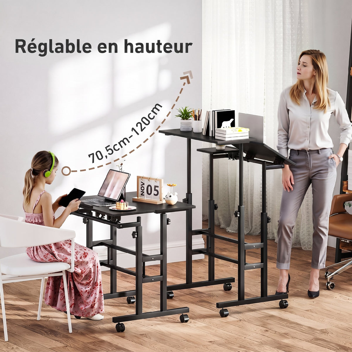 Bureau assis debout bureau réglable en hauteur 70 x 60 cm à roulettes avec plateau inclinable cadre en métal noir-3