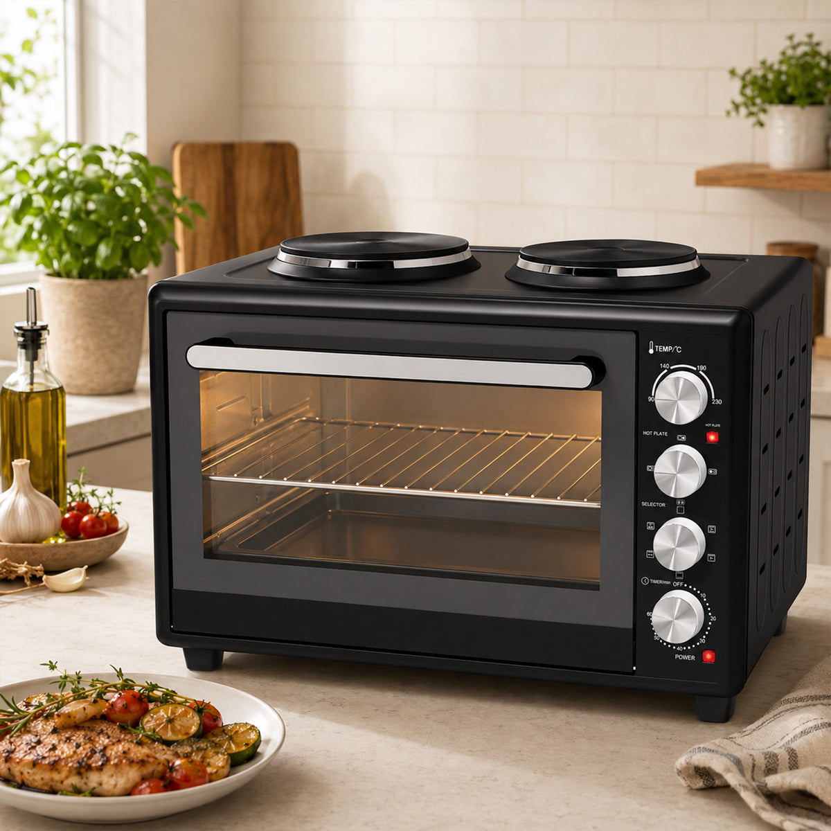 Mini-Four avec 2 Plaques de Cuisson et Broche Rotative 46L 2850 W, Four à Convection Multifonction, Minuterie, Noir-1