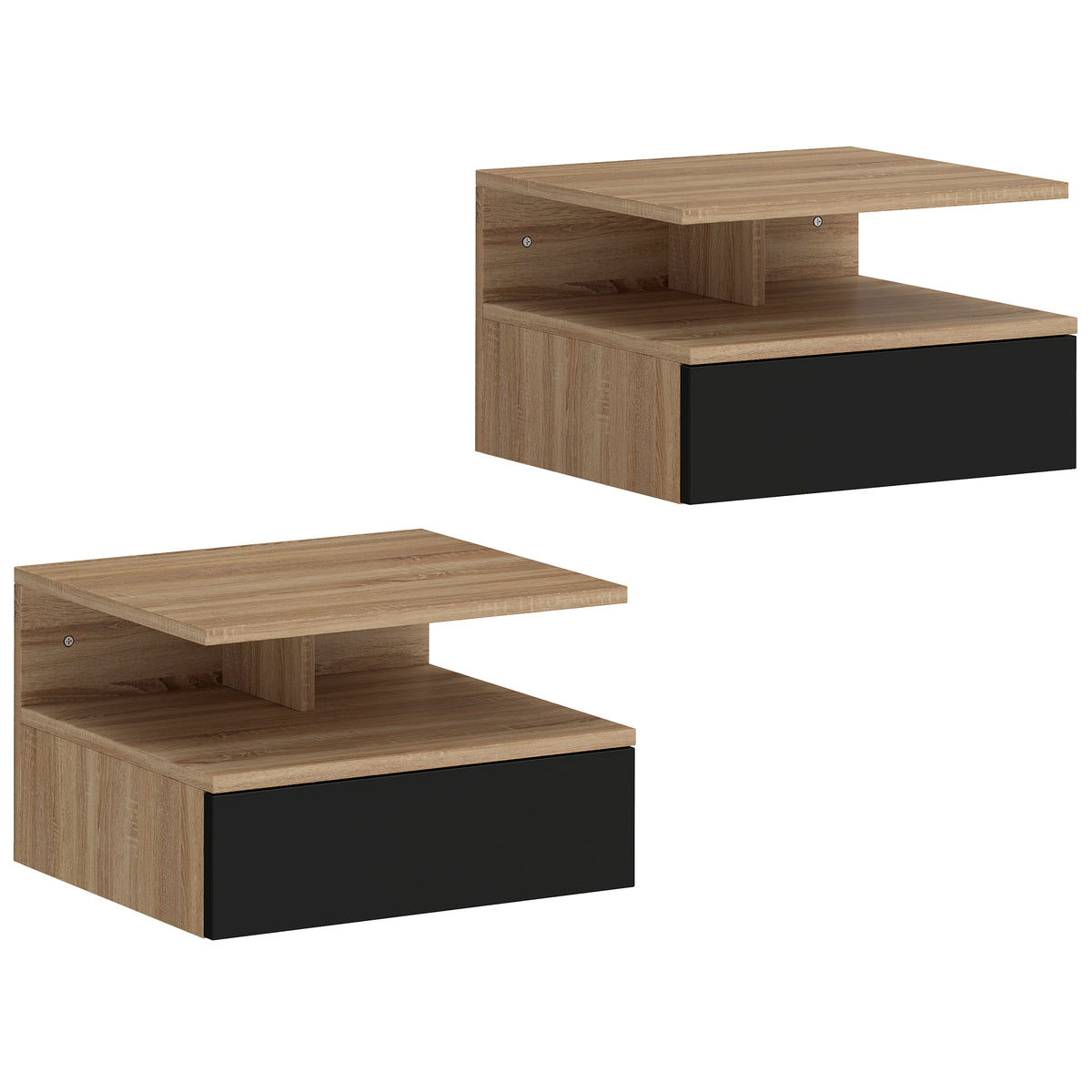 Lot de 2 tables de chevet murales, tables de nuit suspendues avec tiroir, étagère ouverte, 35x32x22,5cm, noir et chêne-0