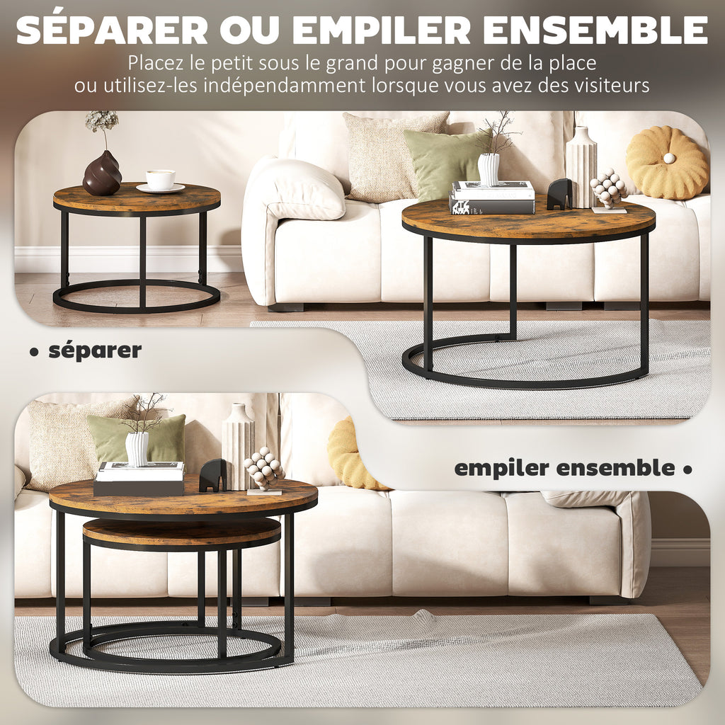 Lot de 2 tables basses gigognes empilable design industriel plateau imitation ciment pieds en métal brun rustique-4