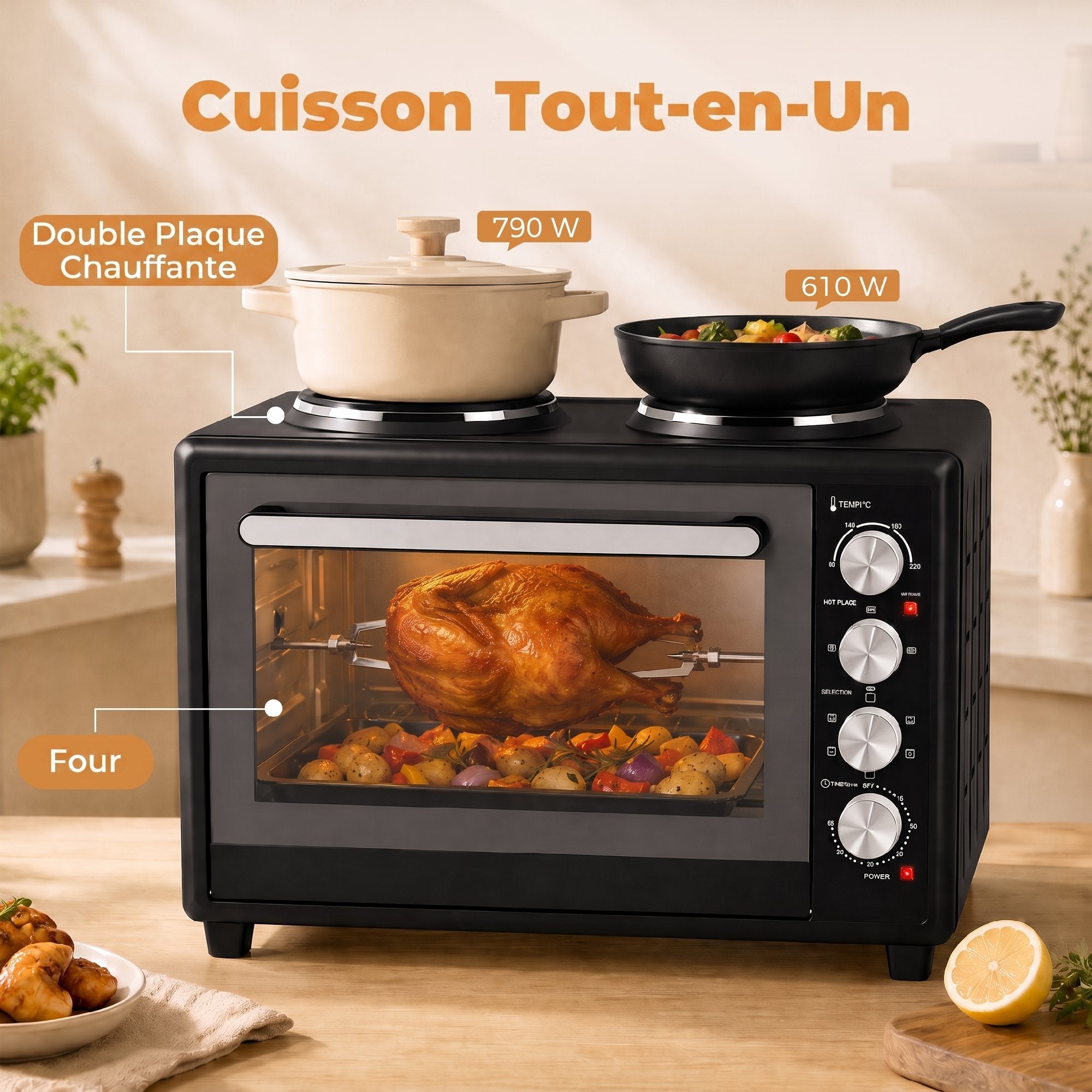 Mini-Four avec 2 Plaques de Cuisson et Broche Rotative 46L 2850 W, Four à Convection Multifonction, Minuterie, Noir-3