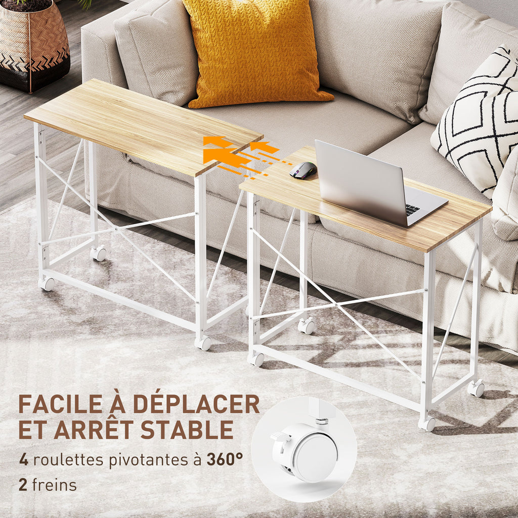 Bureau pliant table d'ordinateur 80 x 40 cm sur roulettes pour bureau à domicile, chambre, petits espaces, chêne-4