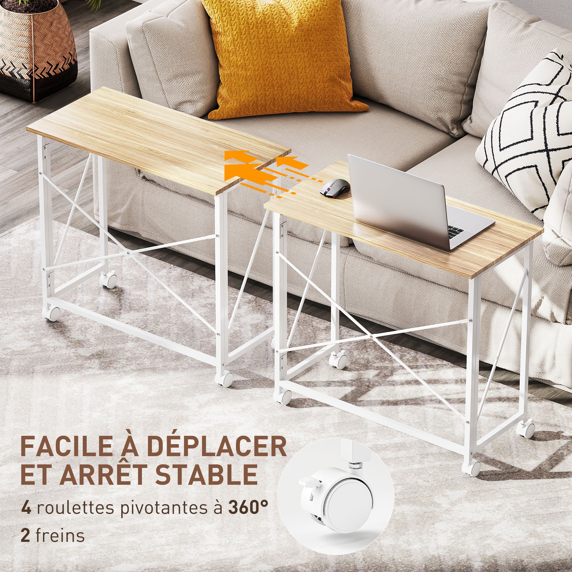 Bureau pliant table d'ordinateur 80 x 40 cm sur roulettes pour bureau à domicile, chambre, petits espaces, chêne-4