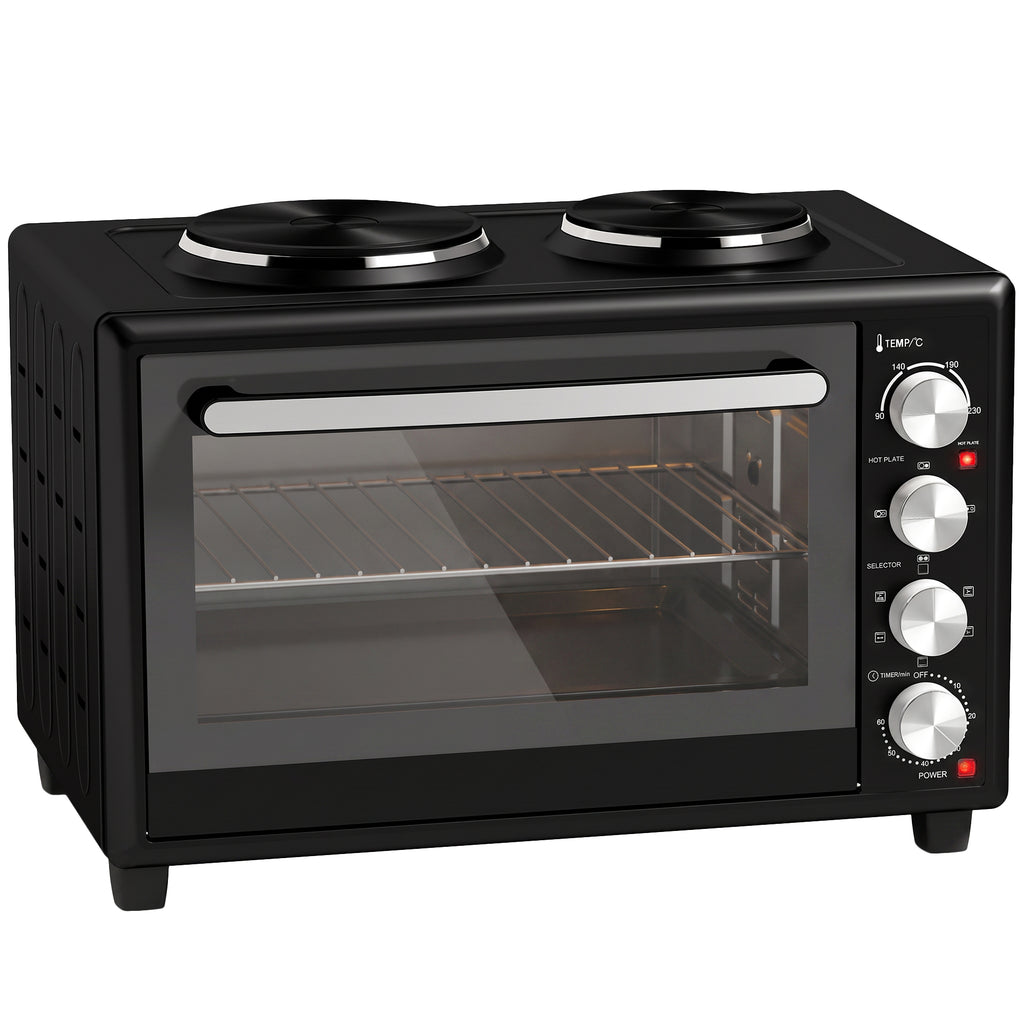 Mini-Four avec 2 Plaques de Cuisson et Broche Rotative 46L 2850 W, Four à Convection Multifonction, Minuterie, Noir-0